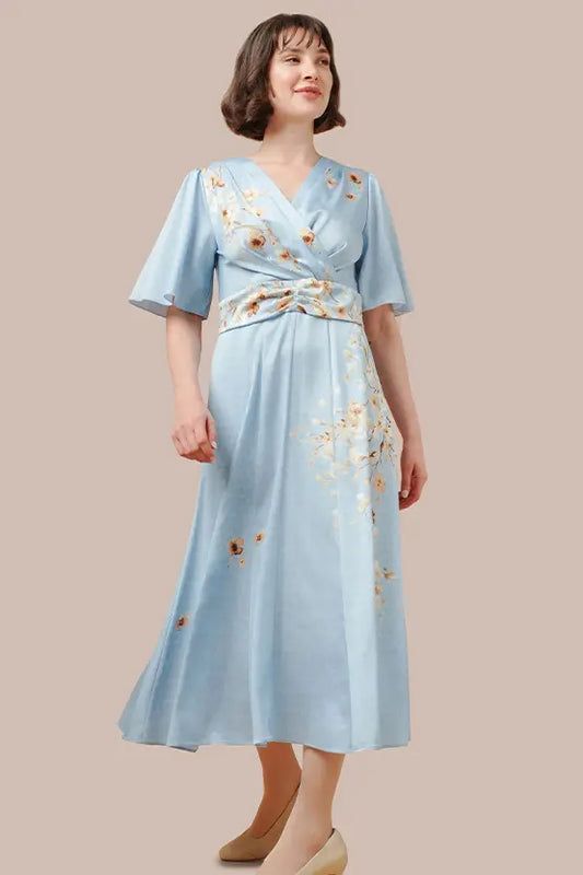 Stretch Georgette SAKURA Flare Dress with Bell Sleeves