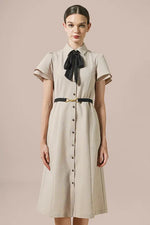 Beige x Black Bowtie Shirt Dress