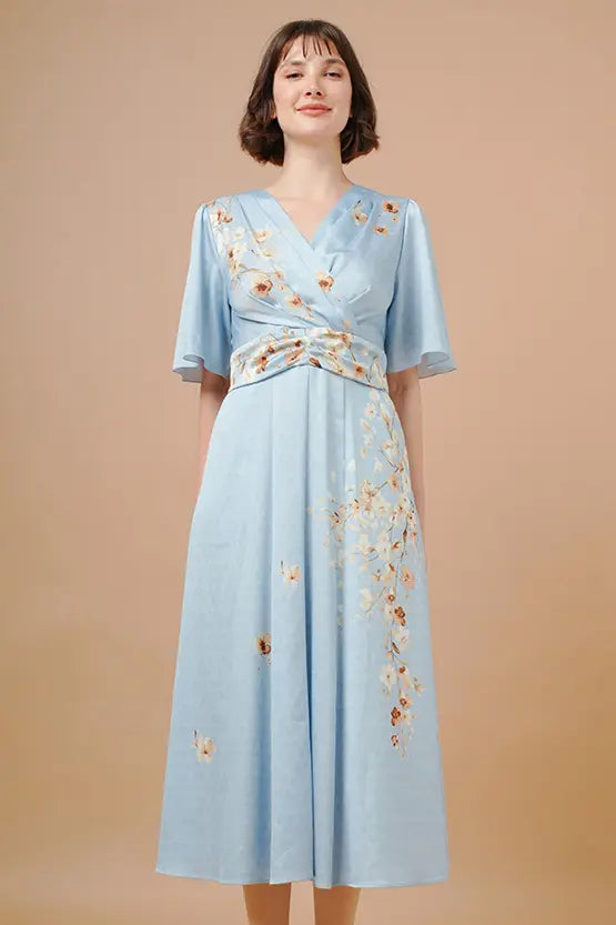 Stretch Georgette SAKURA Flare Dress with Bell Sleeves