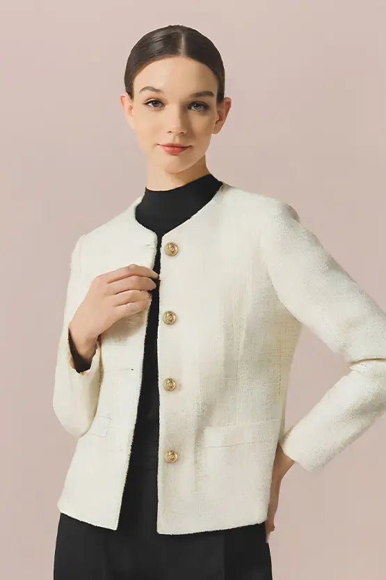 Stretch Lame Tweed: No-Collar Short Jacket