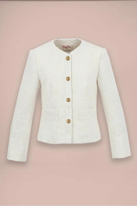 Stretch Lame Tweed: No-Collar Short Jacket