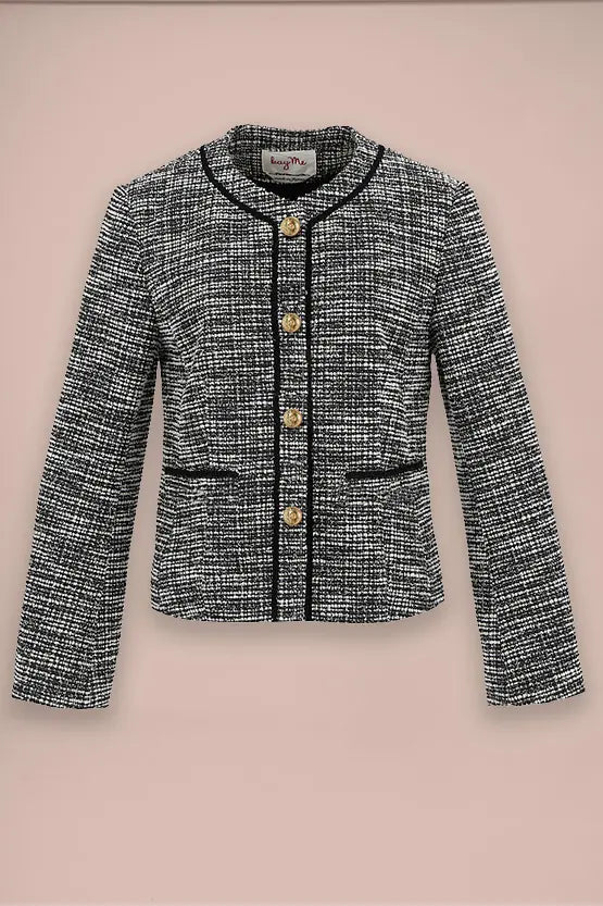 Stretch Lame Tweed: No-Collar Short Jacket