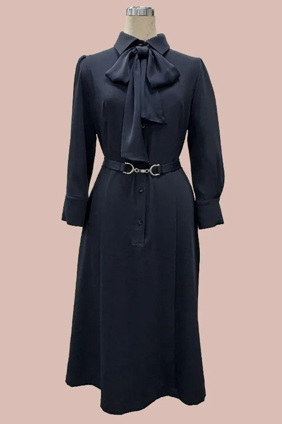 Smart Stretch Light: Dark Navy Shirt Dress With Bowtie