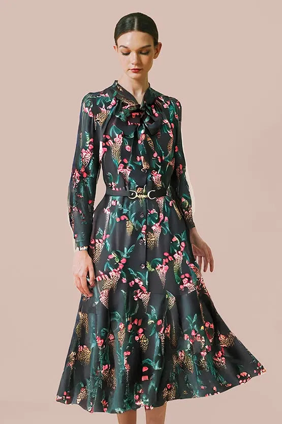 Stretch Chiffon: Black Garden Mermaid Dress With Tie