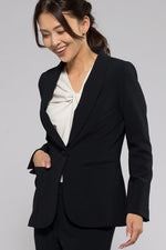 Navy Shawl Collar Long Jacket. A dark navy blue, long jacket with a draped shawl collar.