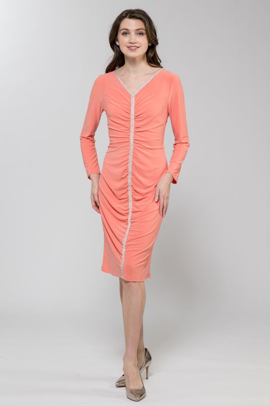 Coral Pink V-Neck Gathered Dress