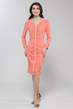 Coral Pink V-Neck Gathered Dress
