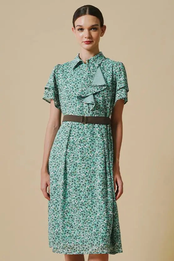 Reproduction / Stretch Chiffon: Green Petite Flower Frill Shirt Dress