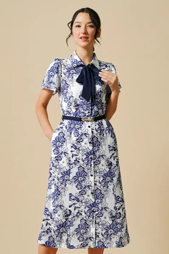Stretch Chiffon: Stretch Chiffon Ai Hotaru Bowtie Shirt Dress