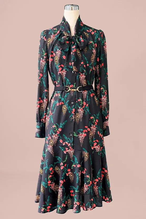 Stretch Chiffon: Black Garden Mermaid Dress With Tie