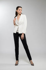 A White Stretch Tailored Jacket is shown from the front, highlighting its sleek design and flattering fit.