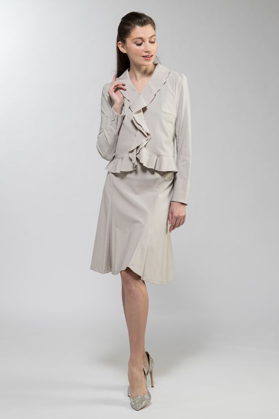 Greige Stretch Frill Jacket, a sold-out garment with ruffles along the lapels and cuffs.