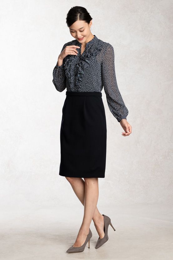 Stretch Chiffon: Polka Dot X Navy Frill Dress