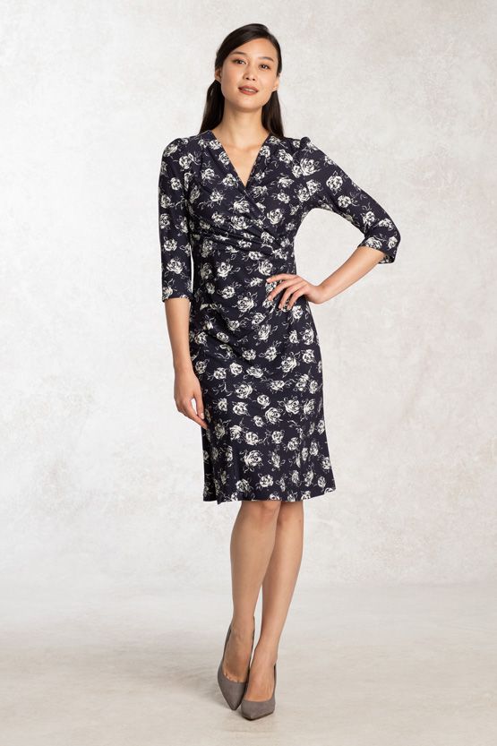 Brushed Back: Navy Rose Gathered Dress