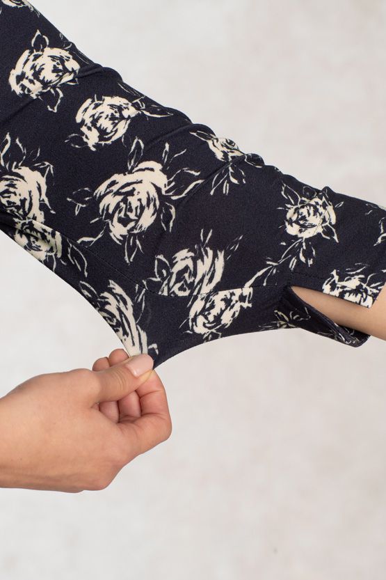 Brushed Back: Navy Rose Gathered Dress