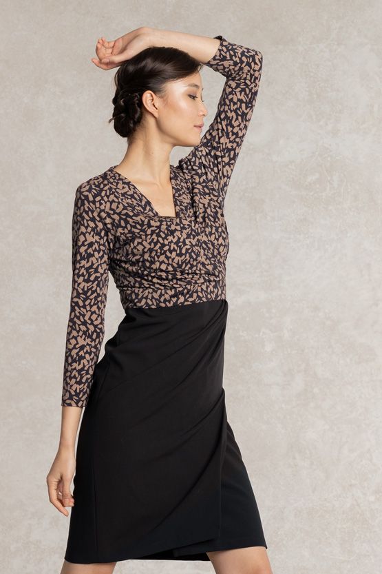 All-Season Material: Caramel Geo X Navy Asymmetry Dress