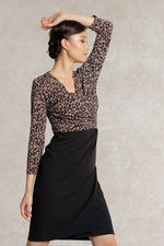 All-Season Material: Caramel Geo X Navy Asymmetry Dress