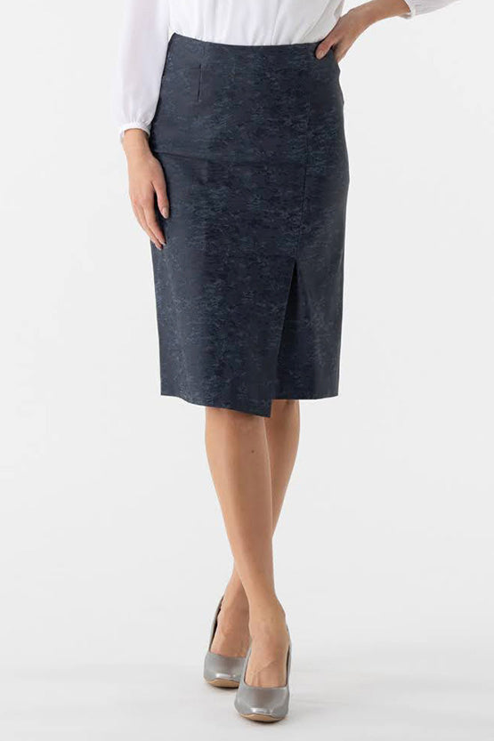 Stretch Jacquard: Stretch Jacquard Navy Ocean Wrap-Style Midi Skirt