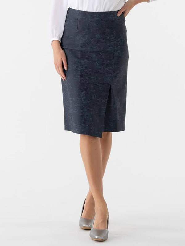 Stretch Jacquard: Stretch Jacquard Navy Ocean Wrap-Style Midi Skirt