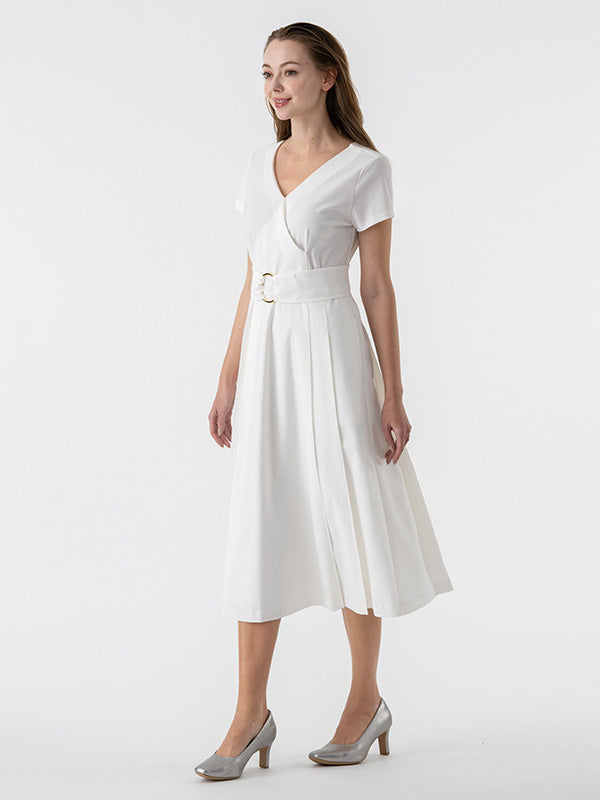 White A-Line Belted Dress