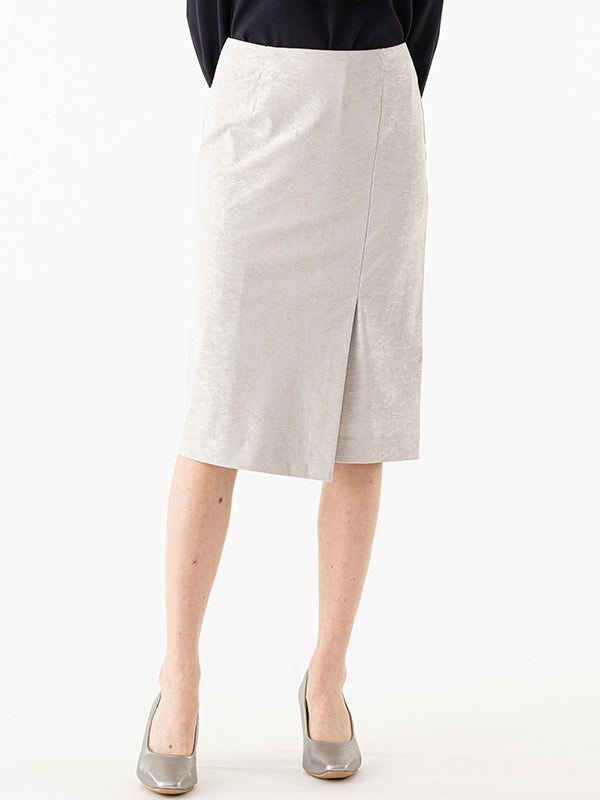 Stretch Jacquard: Stretch Jacquard Greige Ocean Wrap-Style Midi Skirt