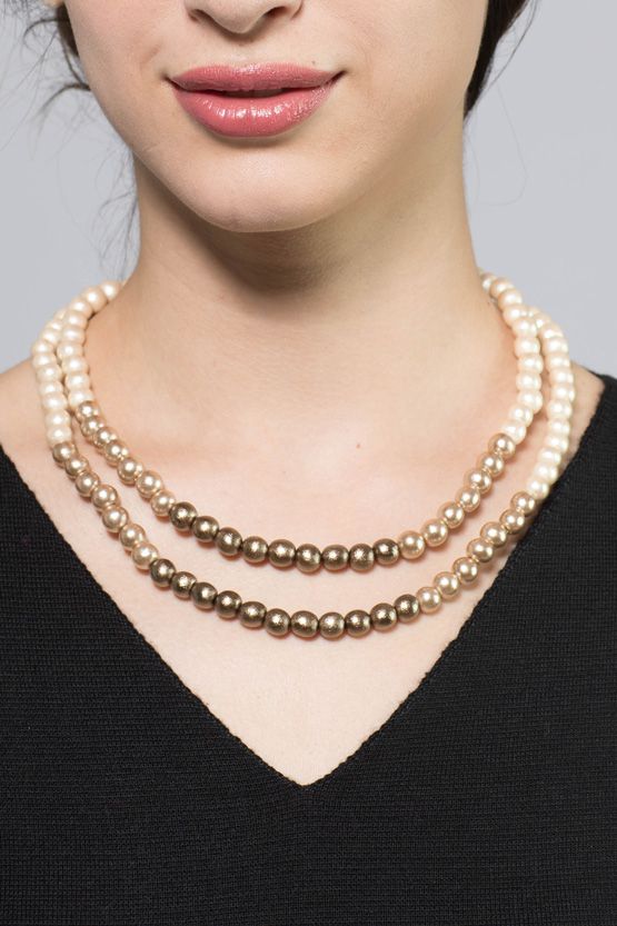 Classical Gold Lightweight Wood Pearl Double Strand Necklace