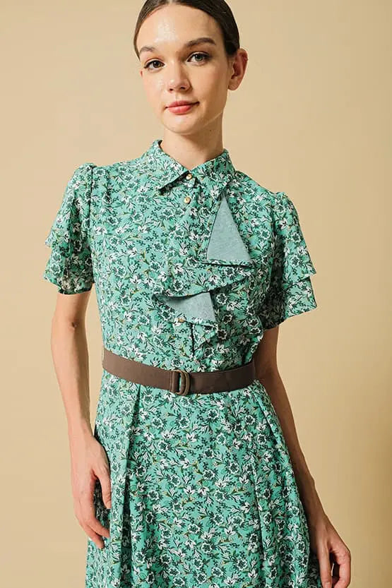 Reproduction / Stretch Chiffon: Green Petite Flower Frill Shirt Dress
