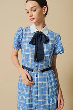 Stretch Chiffon: Lapis Lattice Shirt Dress With Bowtie