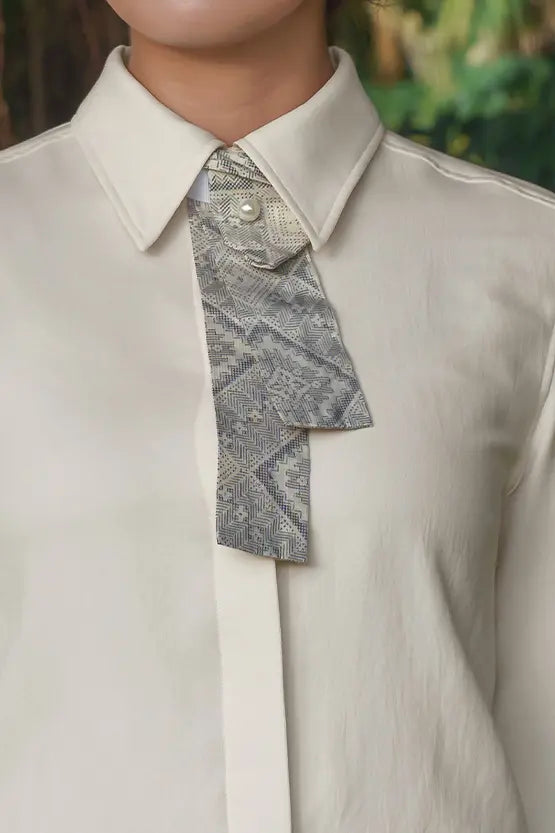 Authentic Oshima Tsumugi: Stretch Georgette Shirt with Bow Tie