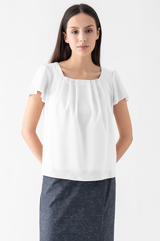 Stretch Chiffon: White Square Neck Chiffon Top