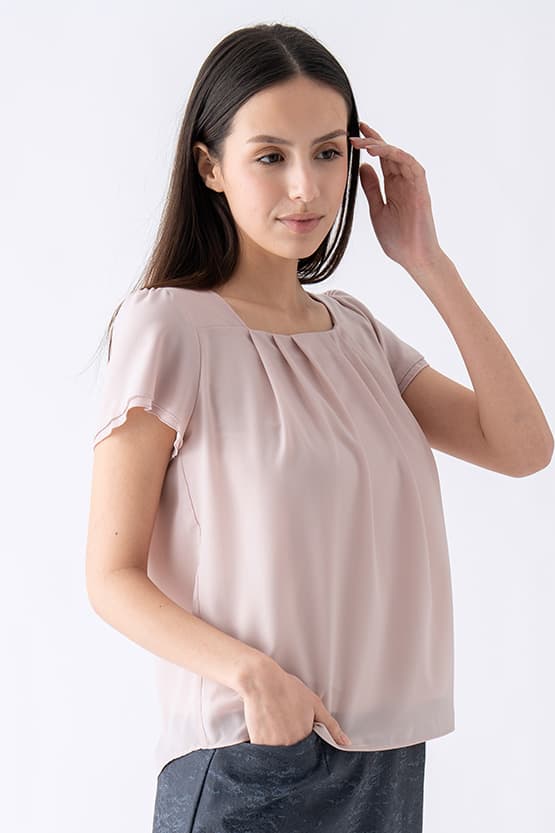 Stretch Chiffon: Pink Beige Square Neck Chiffon Top