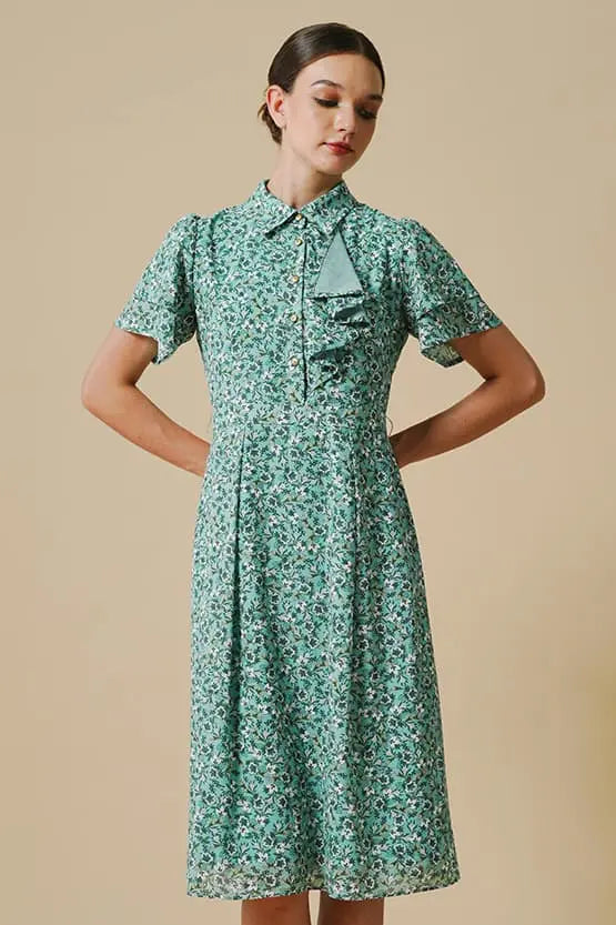 Reproduction / Stretch Chiffon: Green Petite Flower Frill Shirt Dress