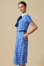 Stretch Chiffon: Lapis Lattice Shirt Dress With Bowtie