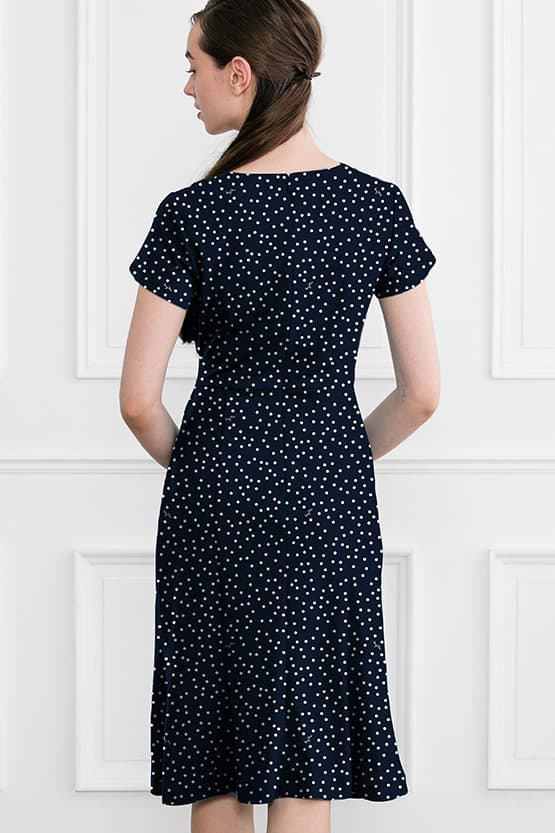 Navy Tiny Dot Gathered Dress
