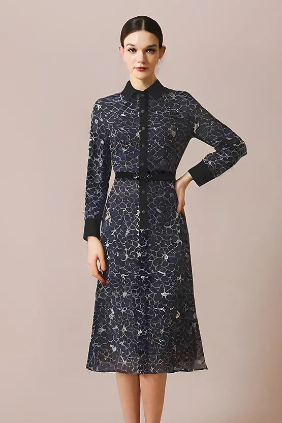 Stretch Lace: Navy Blooming Lace Shirt Dress