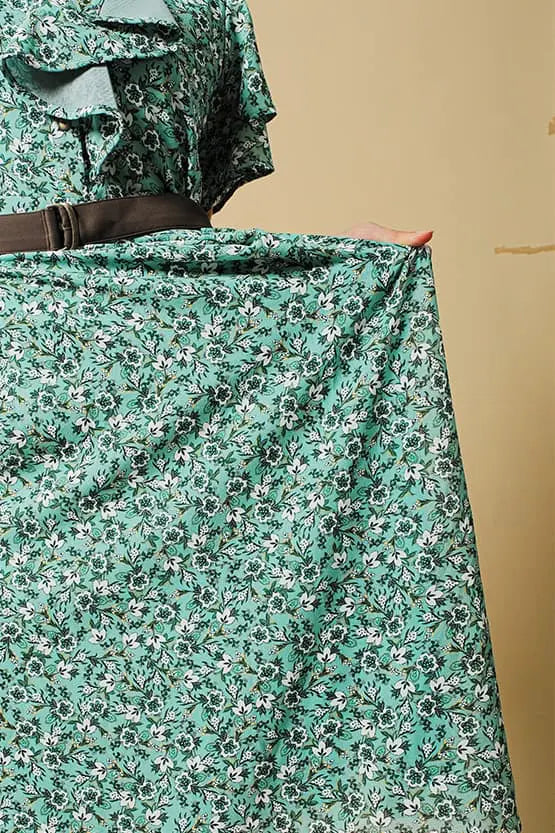Reproduction / Stretch Chiffon: Green Petite Flower Frill Shirt Dress