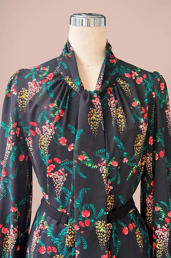 Stretch Chiffon: Black Garden Mermaid Dress With Tie