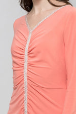 Coral Pink V-Neck Gathered Dress