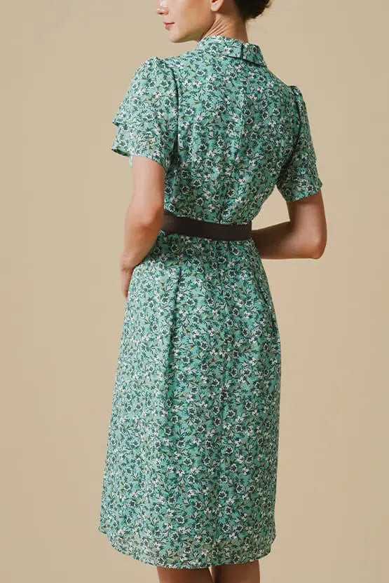 Reproduction / Stretch Chiffon: Green Petite Flower Frill Shirt Dress