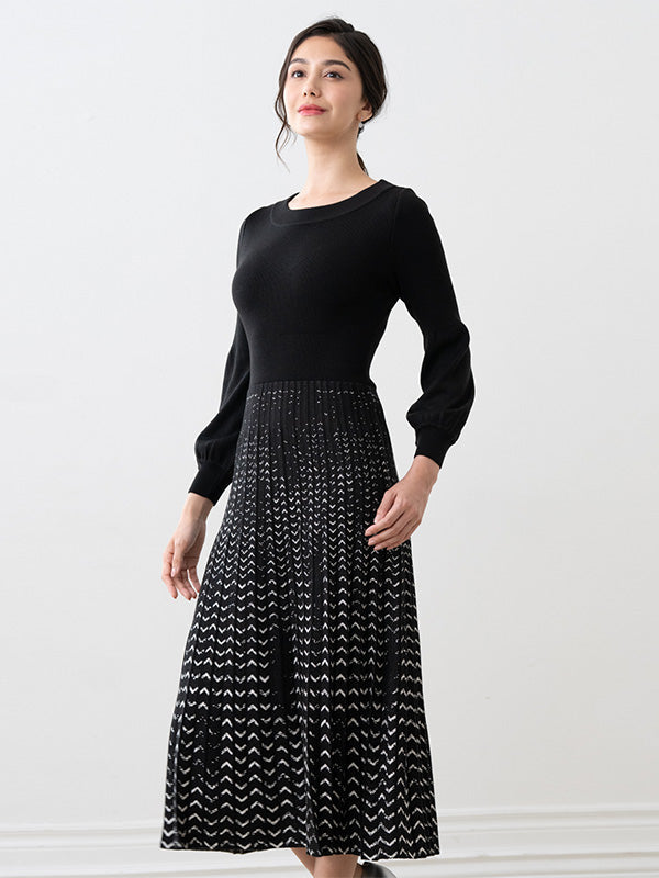 Washable Knit: Black X Mocha Docking Pleats Knit Dress