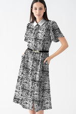 Stretch Chiffon: Stretch Chiffon Mosaic Check Bowtie Shirt Dress