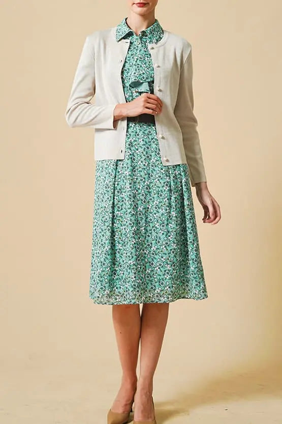 Reproduction / Stretch Chiffon: Green Petite Flower Frill Shirt Dress