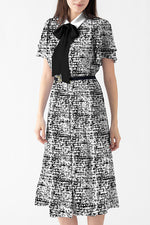 Stretch Chiffon: Stretch Chiffon Mosaic Check Bowtie Shirt Dress