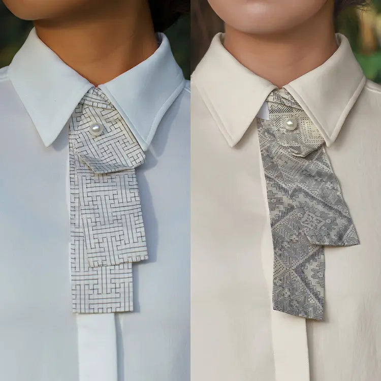 Luxuriously crafted with authentic white Oshima Tsumugi silk, featuring an elegant detachable bow tie