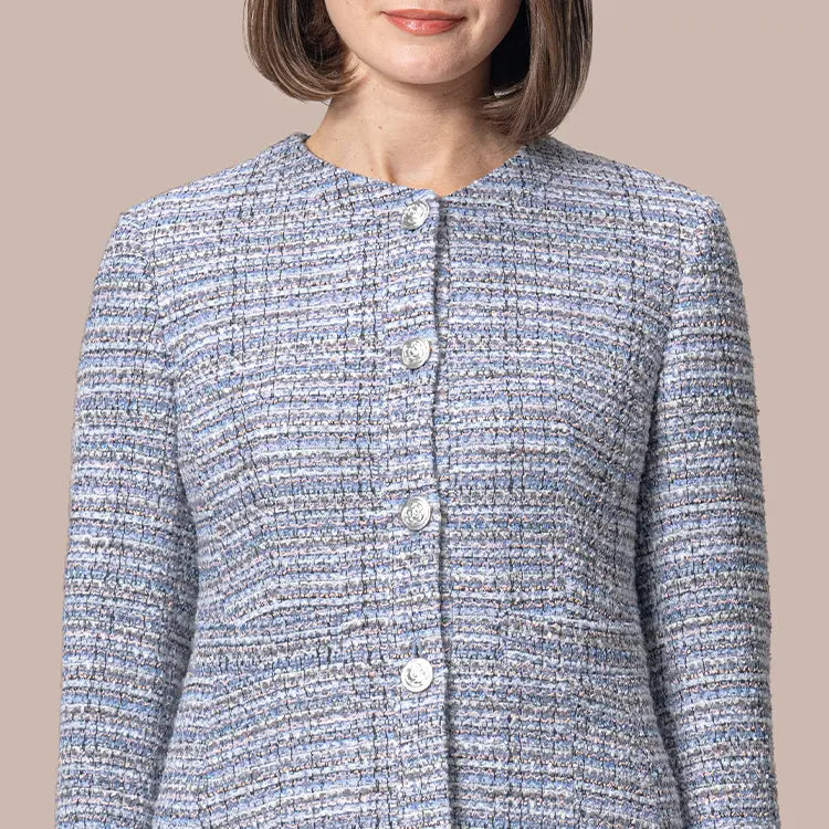 A sleek collarless design that elegantly frames the neckline while creating a flattering face-slimming effect