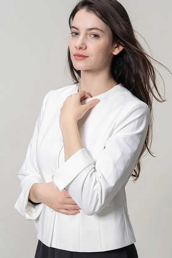 Stretch Jacquard: Collarless Short Jacket