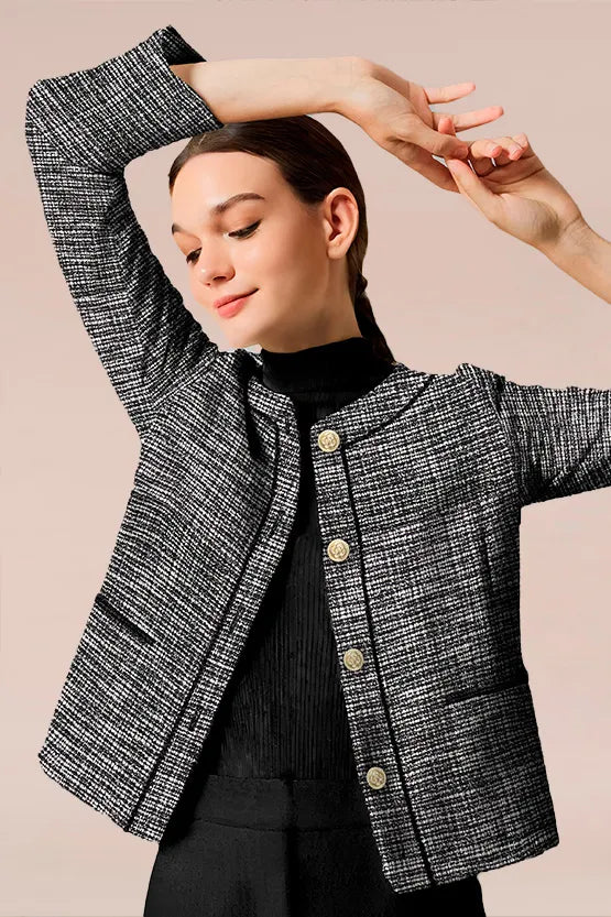 Stretch Lame Tweed: No-Collar Short Jacket