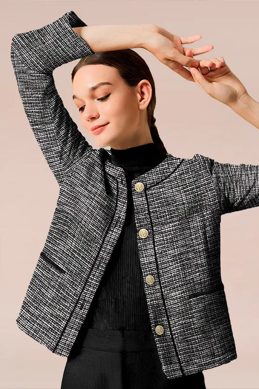 Stretch Lame Tweed: No-Collar Short Jacket