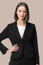 Tailored Space Material jacket, a sleek navy blue blazer with sharp lapels and a single button closure.