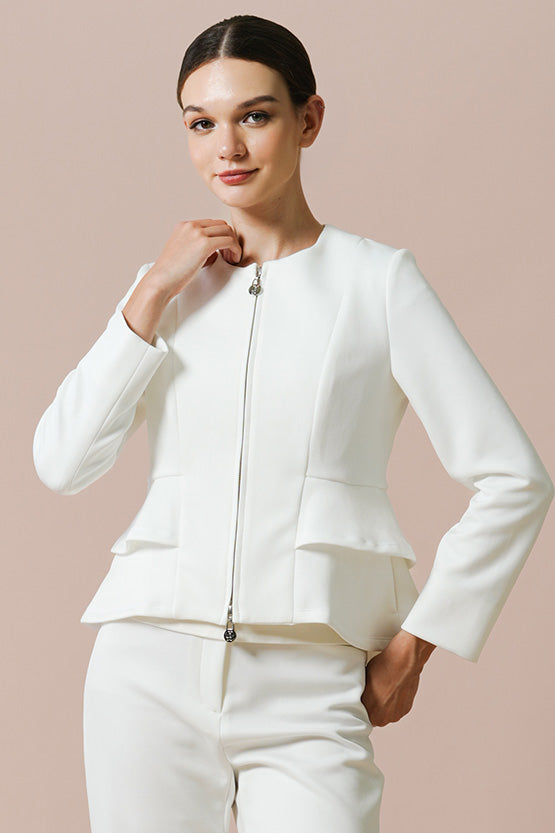 Restocked Space Material Double Peplum Jacket, a black fitted jacket with peplum detailing.